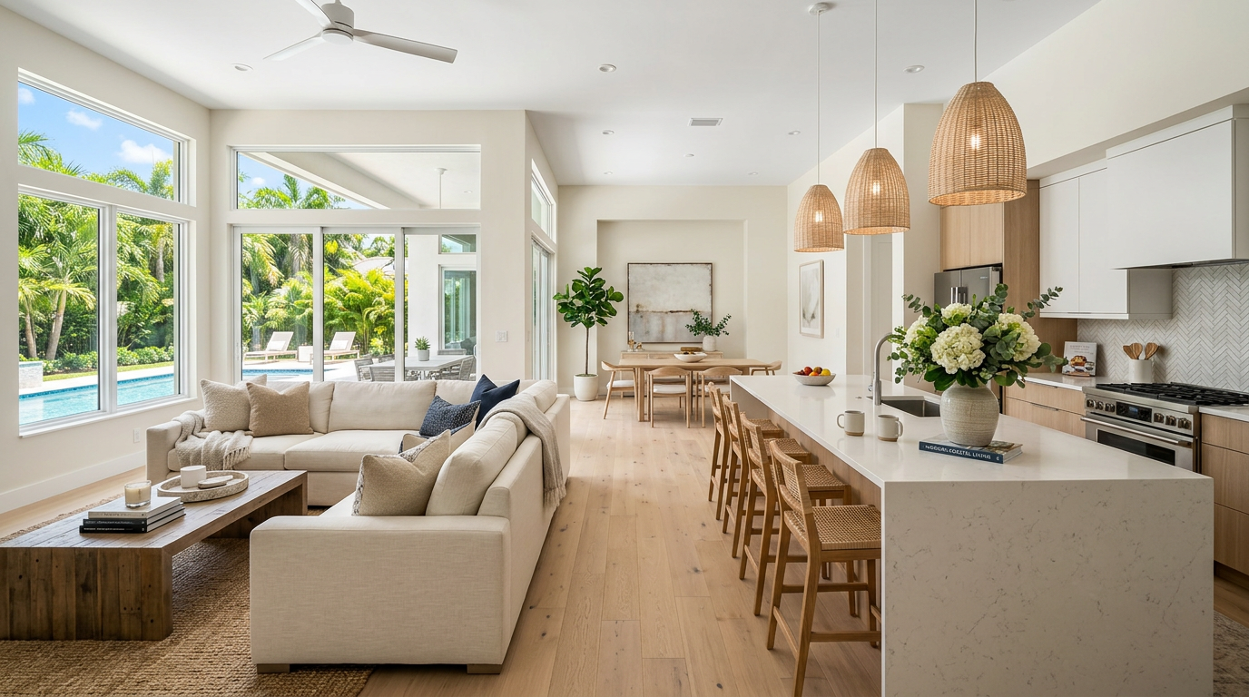 Interior de casa moderna en Florida con staging profesional y luz natural