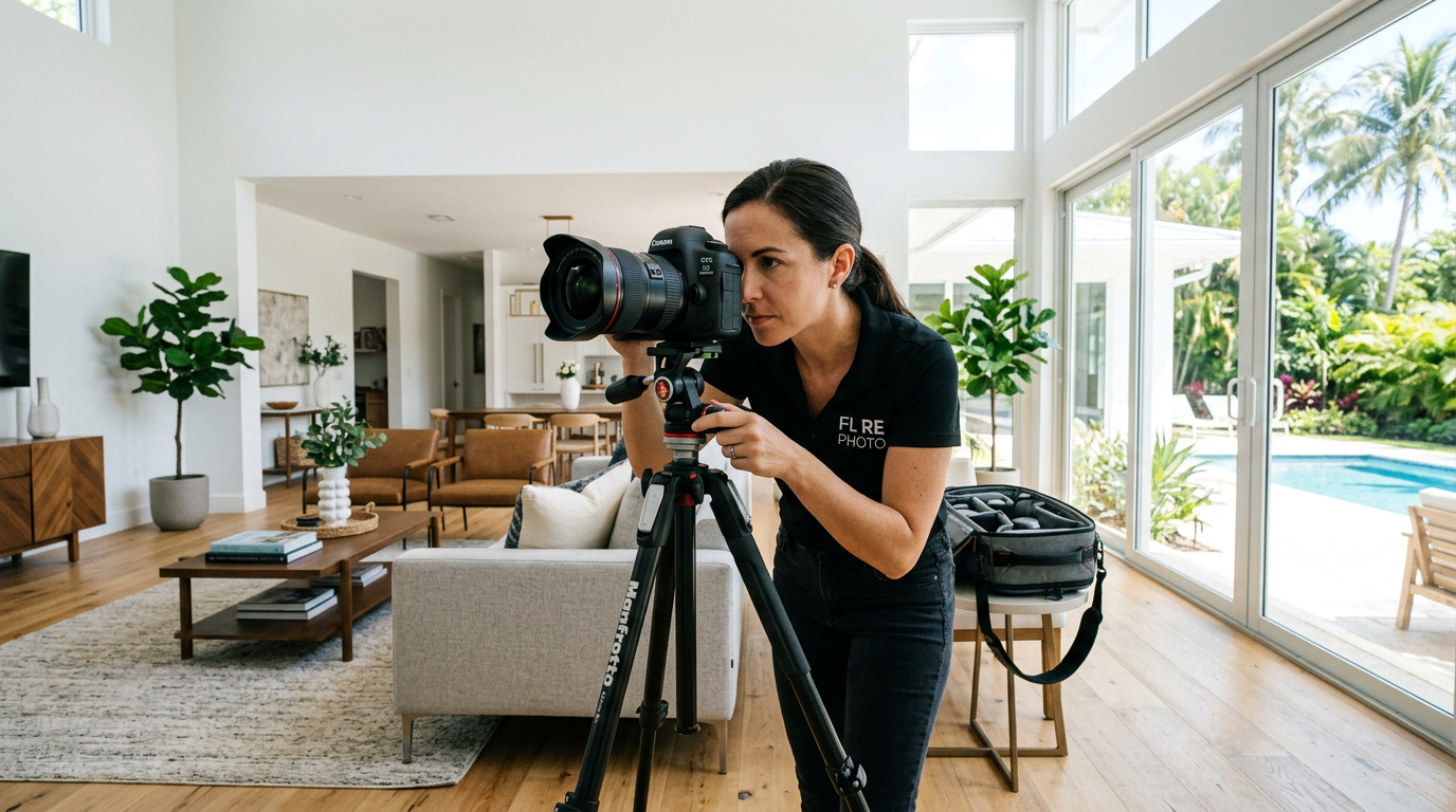 Fotografo profesional de bienes raices fotografiando interior de casa en Florida