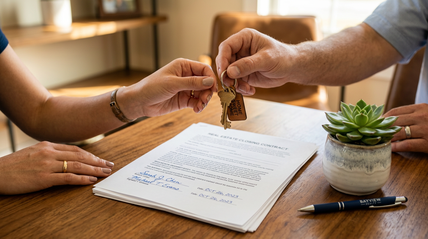 Manos intercambiando llaves sobre contrato de bienes raices firmado