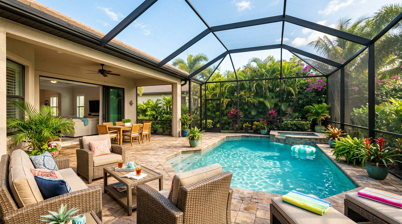 Screened-in lanai with pool in a Florida home surrounded by tropical plants