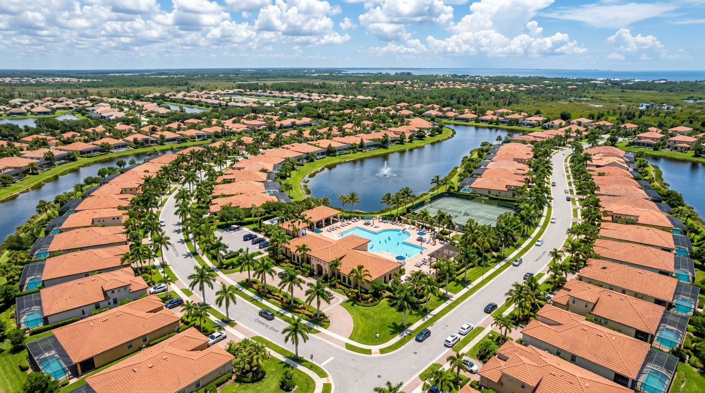 Aerial drone view of suburban neighborhood in Southwest Florida with palm-lined streets