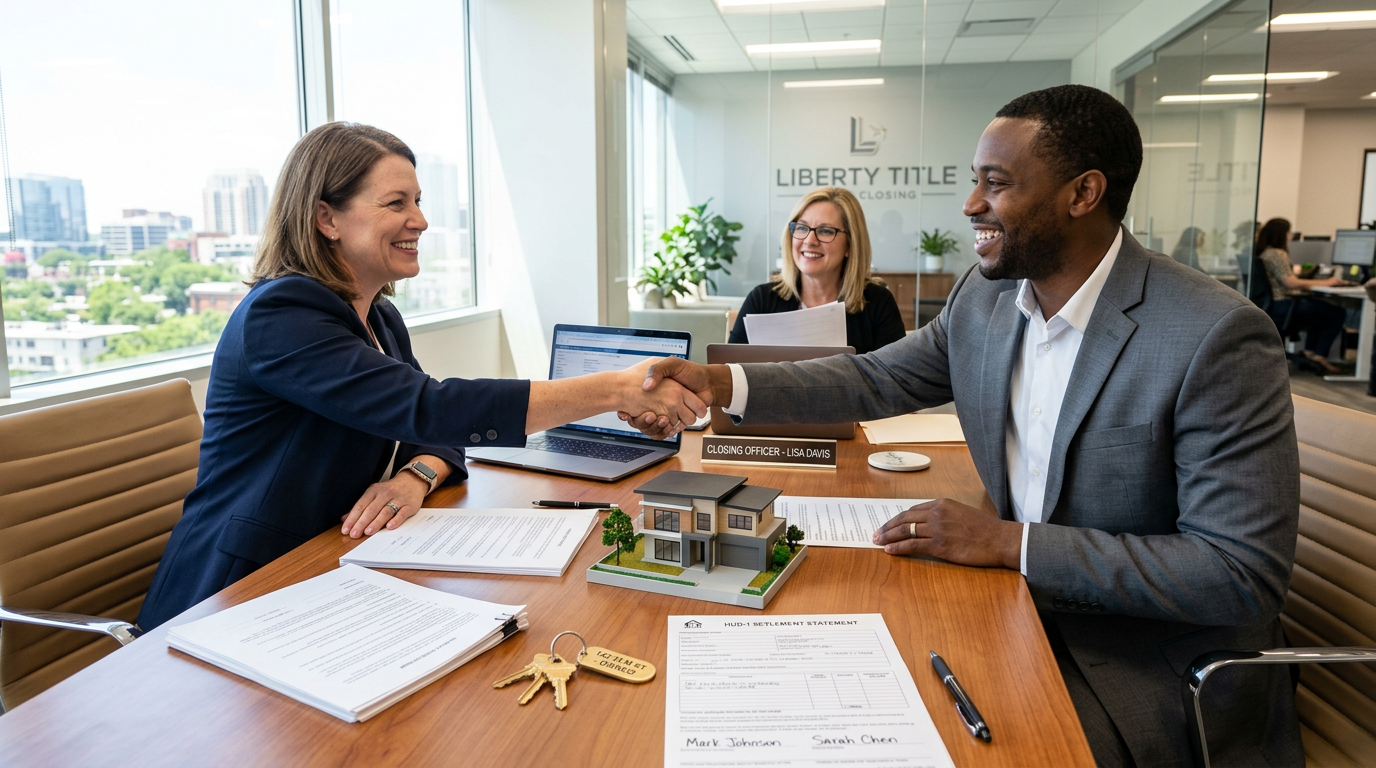 Two people shaking hands at a real estate closing with documents and keys on table