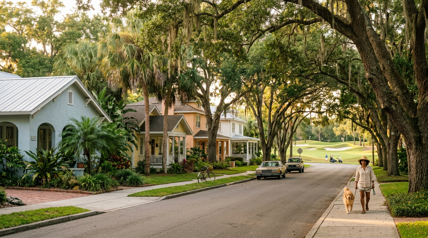 Vecindario establecido en Florida con arboles maduros y casas con caracter