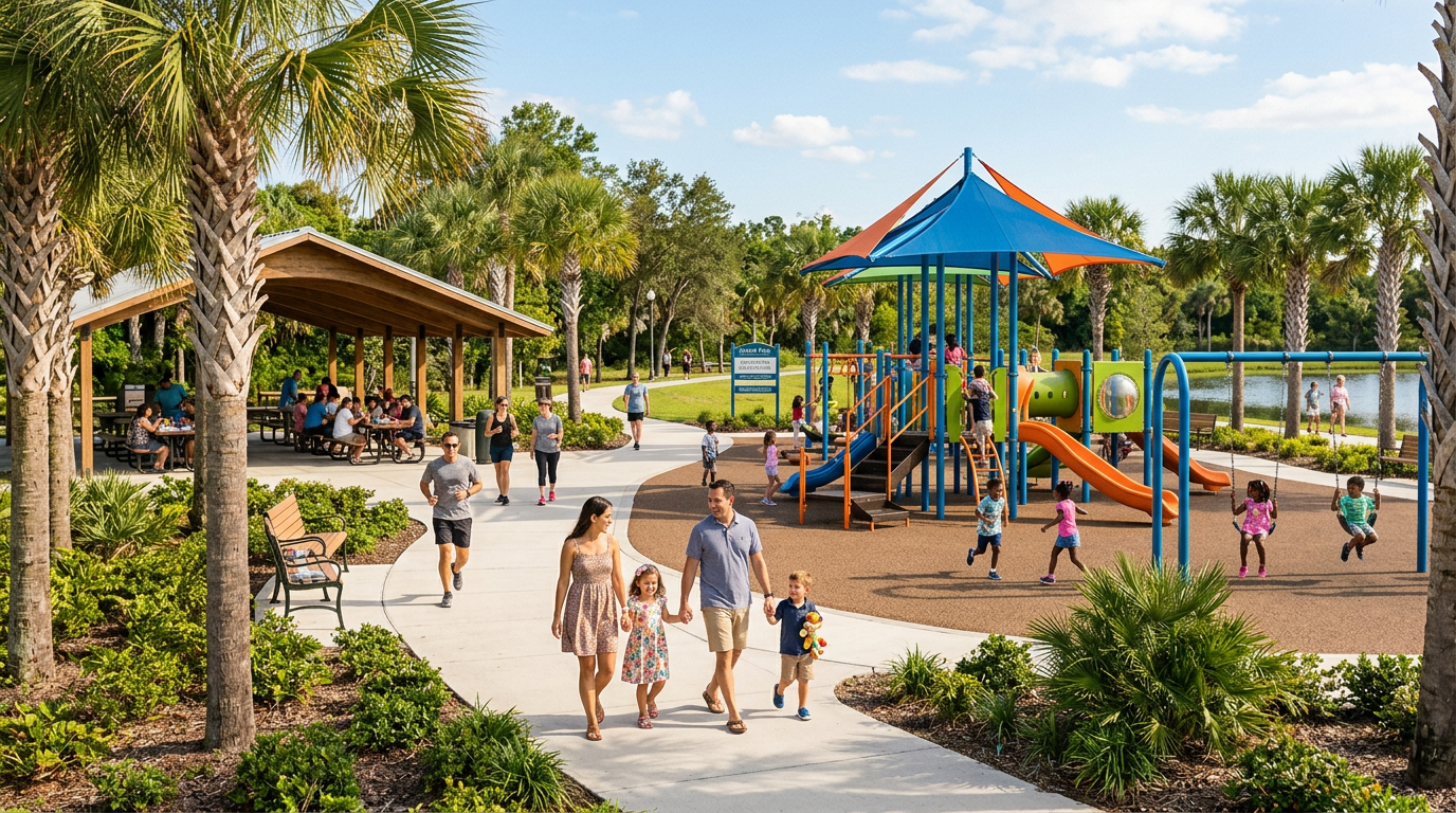 Parque comunitario en Florida con area de juegos para ninos y familias