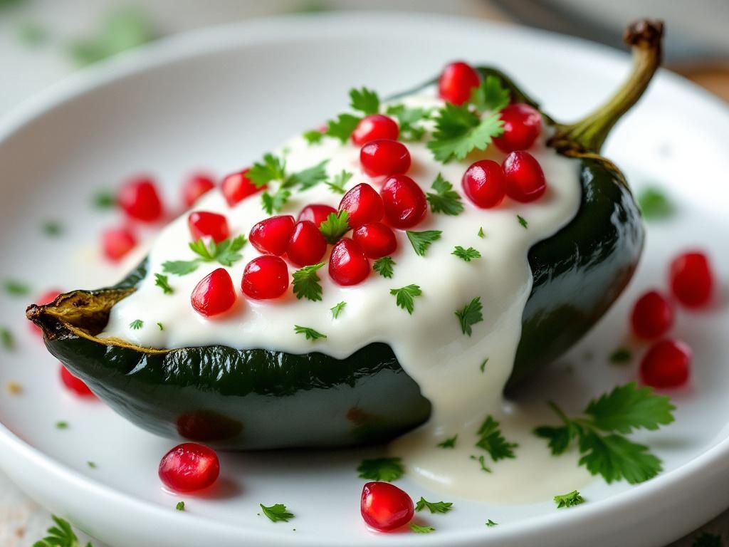 Chiles en Nogada (Pueblan — Stuffed Poblano, Walnut Cream, Pomegranate — September Dish)