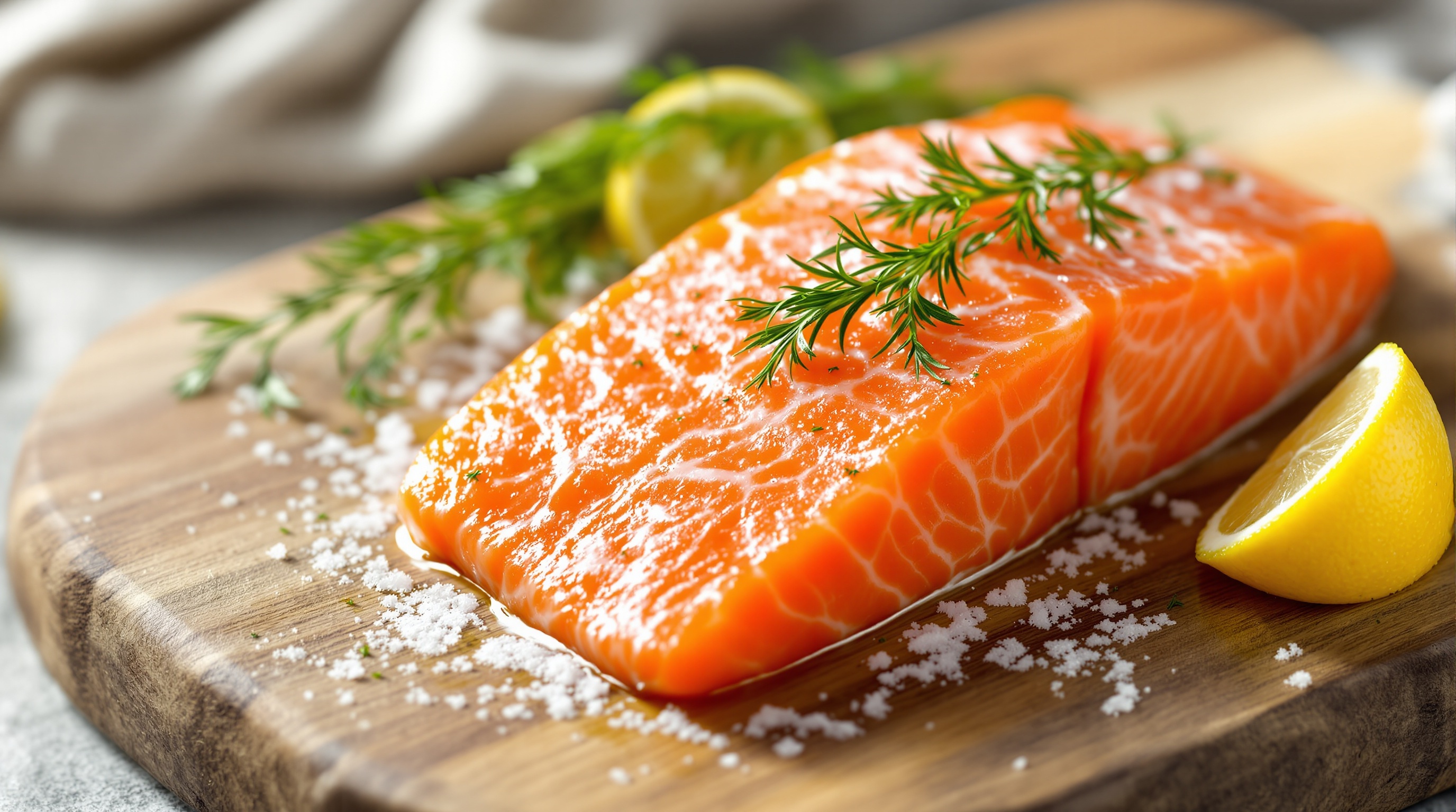 신선한 연어 필레와 허브, 레몬이 놓인 접사 이미지
