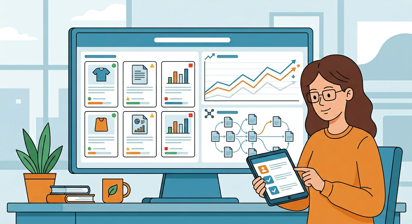 Flat cartoon-style dashboard scene showing an ecommerce content audit in progress, with content cards, ranking trend lines...