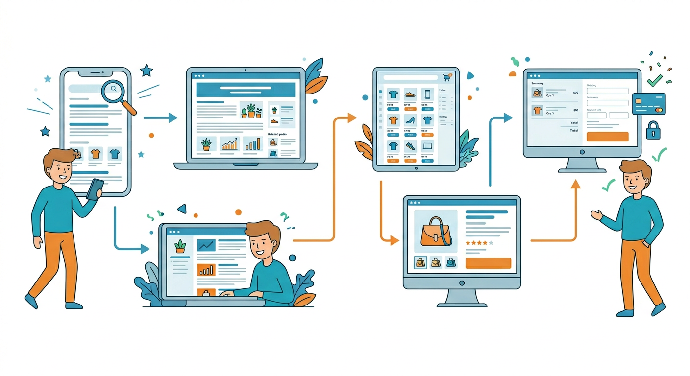 Flat cartoon-style content journey illustration showing a shopper moving from search results to blog content, then categor...