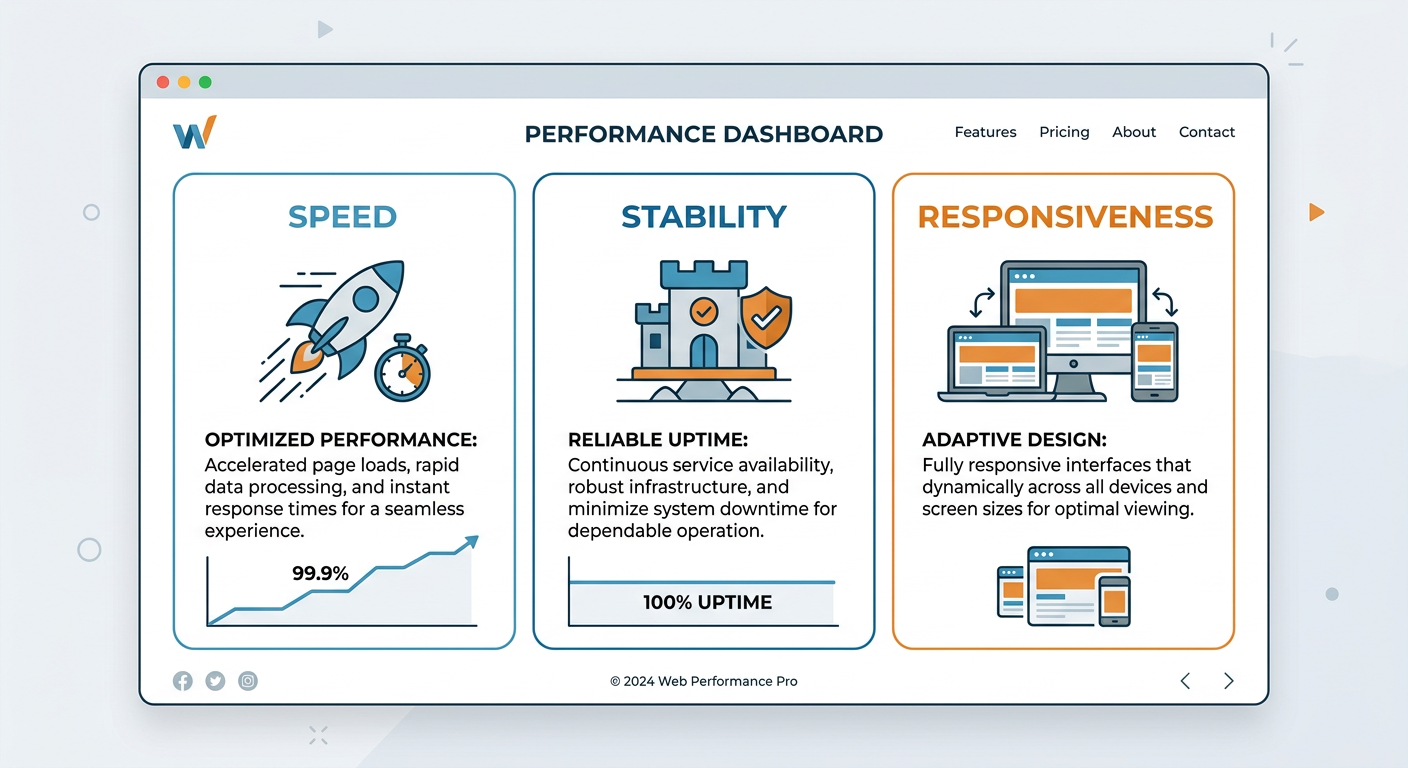 Modern flat illustration of a webpage split into three sections showing speed, stability, and responsiveness, with simple ...