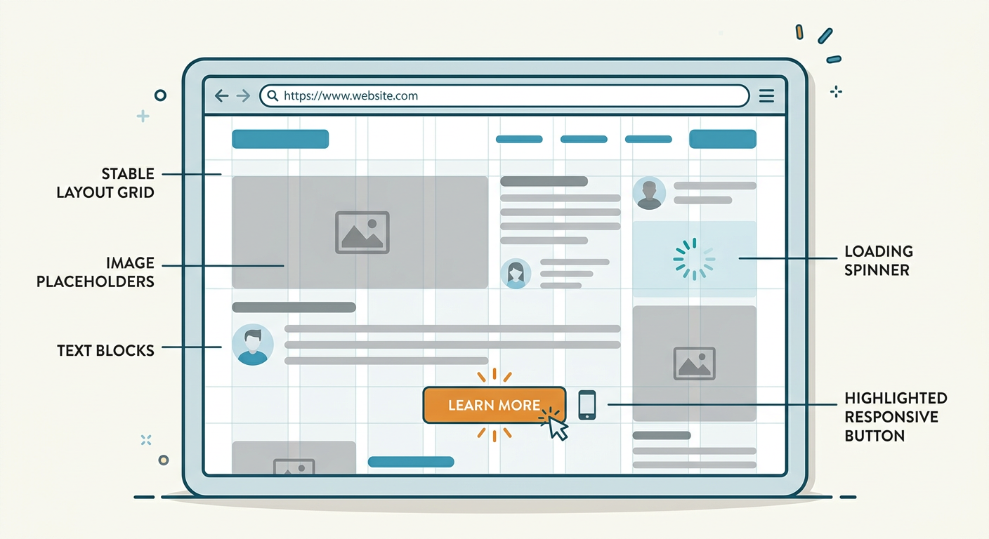 Flat cartoon-style in-content illustration of a page loading sequence with visible reserved spaces for images, a stable la...