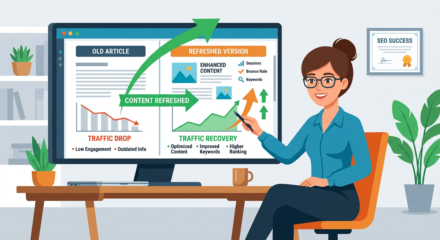 Flat cartoon-style in-content illustration of an SEO specialist comparing an old article against a refreshed version on a ...