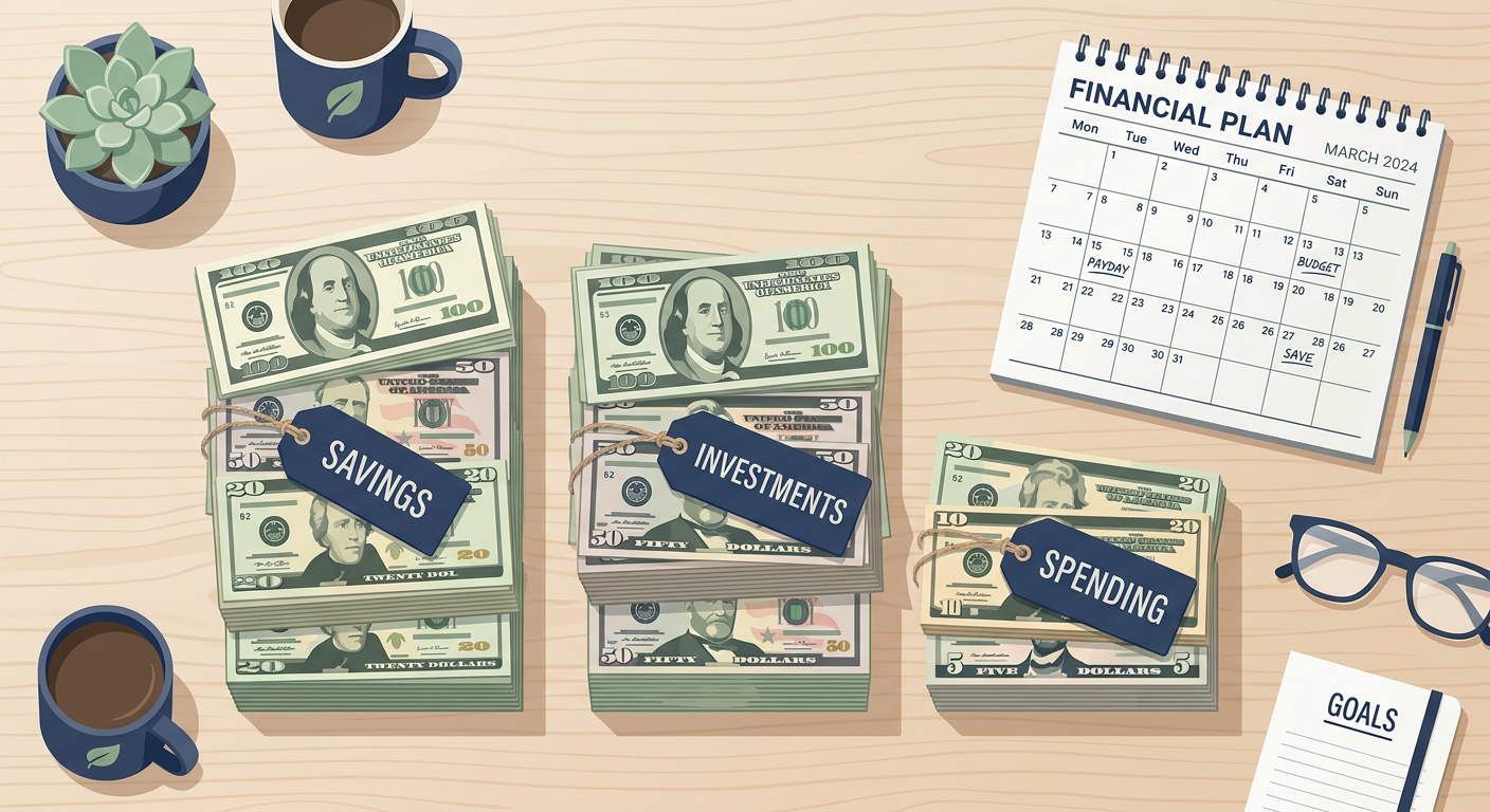 A modern flat-lay illustration of three labeled piles of money, bills, and a simple calendar on a desk, clean editorial st...