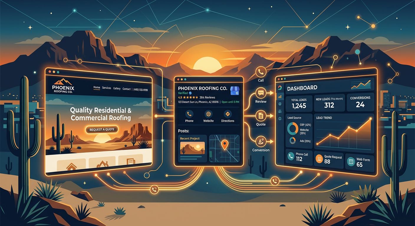 Phoenix SEO Expert for Local Business: A Practical Guide 2 A clean, modern illustrated scene of a local Phoenix business website, Google Business Profile, and lead tracking dashboar...