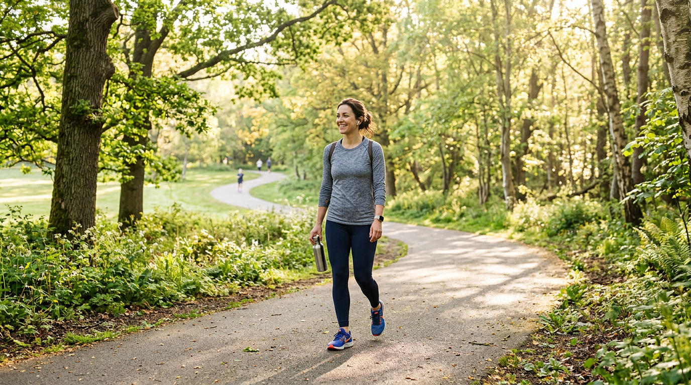 A bright, photorealistic morning scene of a person taking a relaxed walk outdoors with sunlight filtering through trees, w...