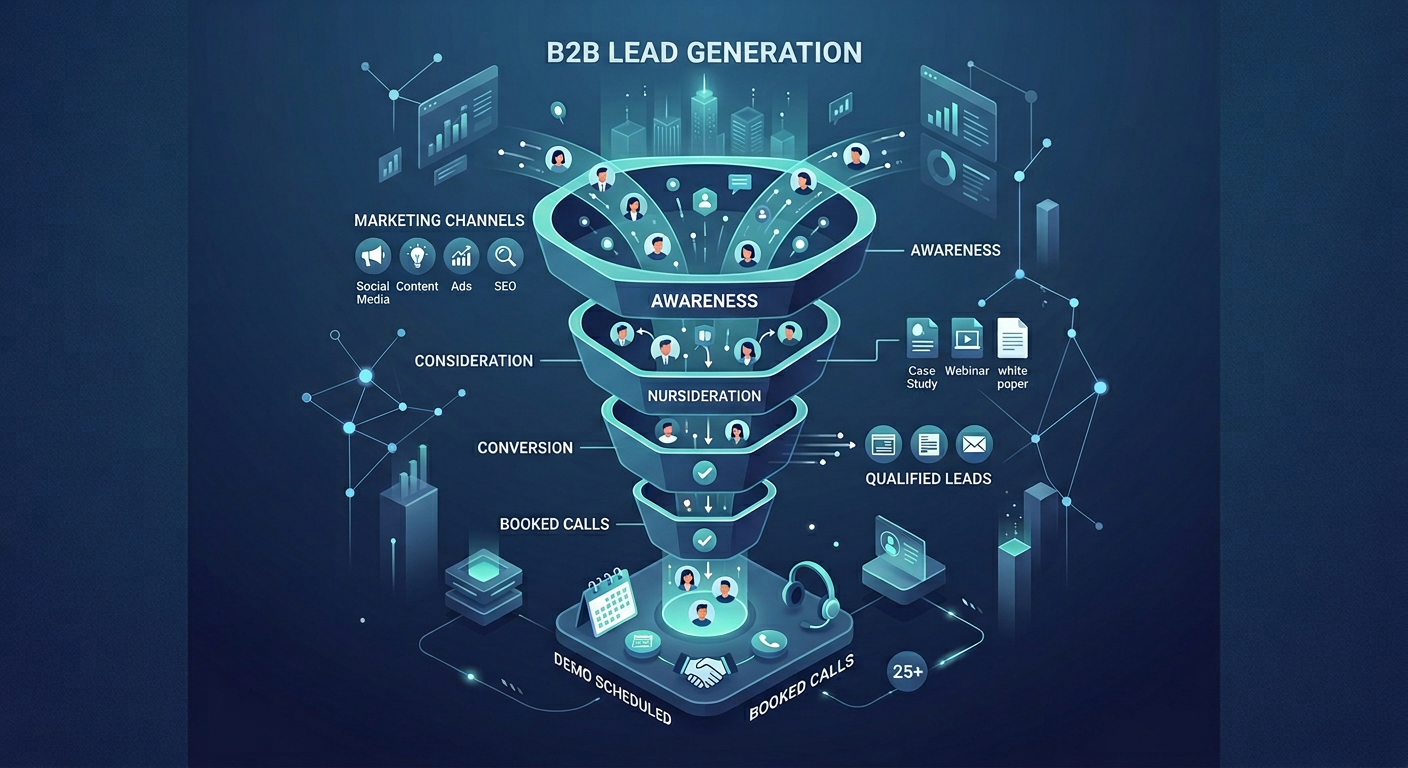 Modern isometric visual of a B2B lead generation funnel with awareness, consideration, and conversion stages flowing into ...