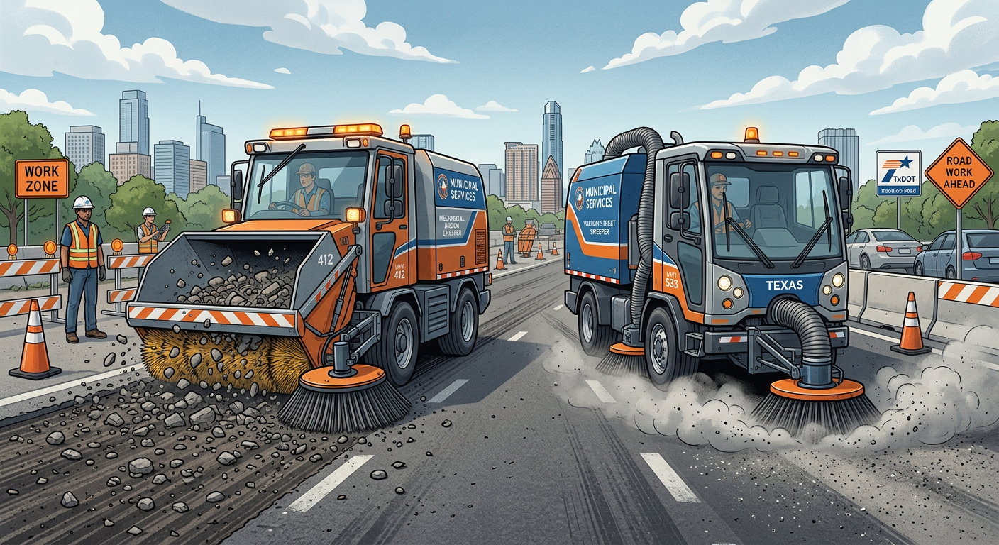 Modern illustrated comparison scene with two street sweepers operating side by side on a Texas municipal road, one mechani...