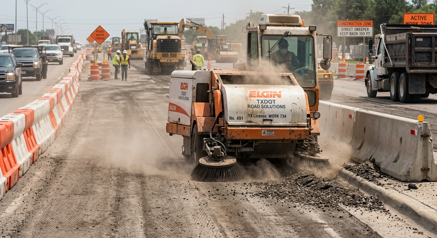 High-detail photorealistic mid-scene of a mechanical street sweeper clearing fine dust and loose aggregate from a Texas ro...