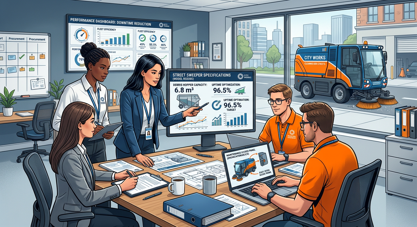 Detailed modern illustration of a municipal procurement team reviewing sweeper specifications in a clean operations office...