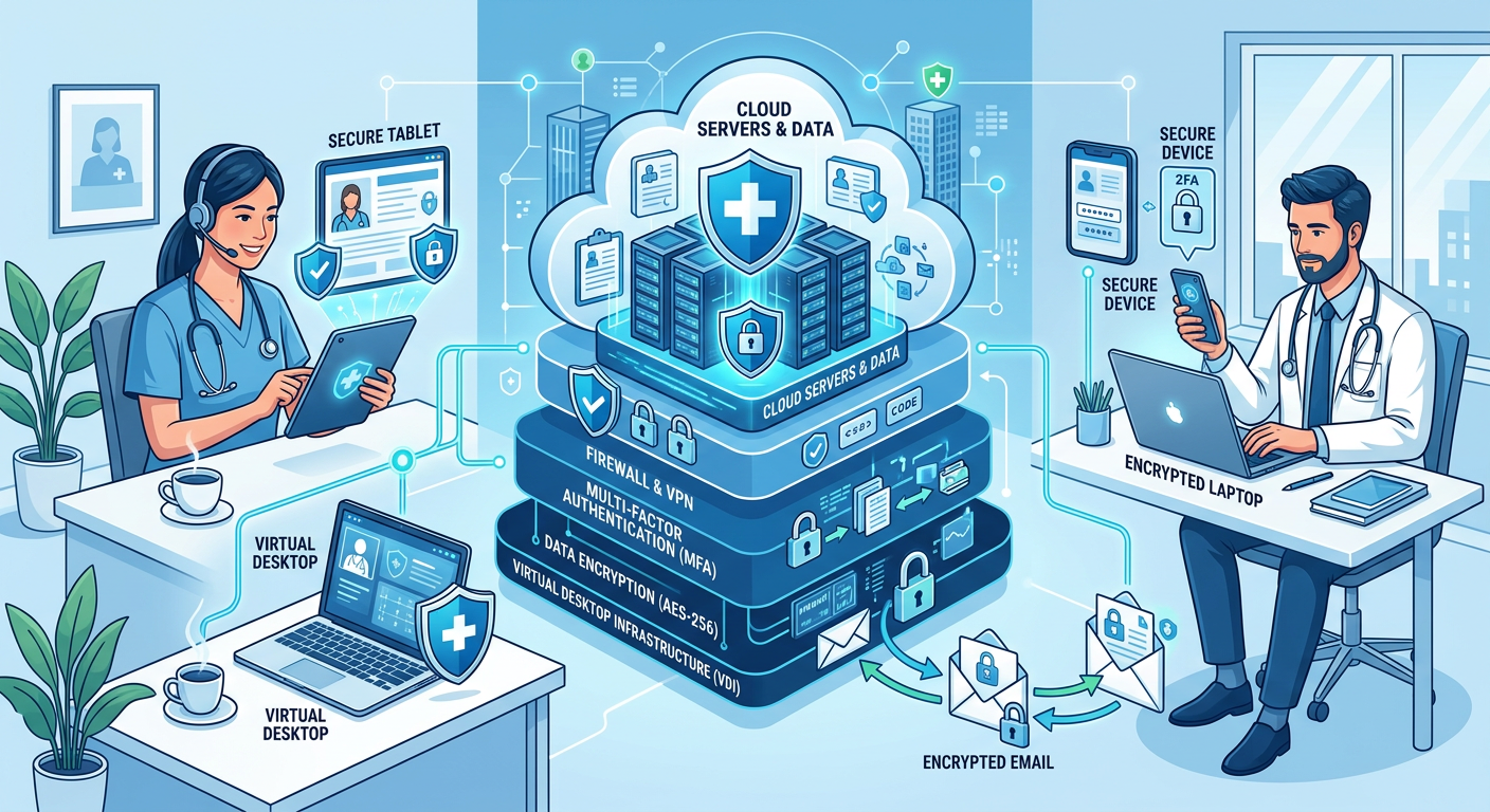 A clean, modern illustrative scene showing layered security for healthcare IT, with cloud servers, shield icons, encrypted...
