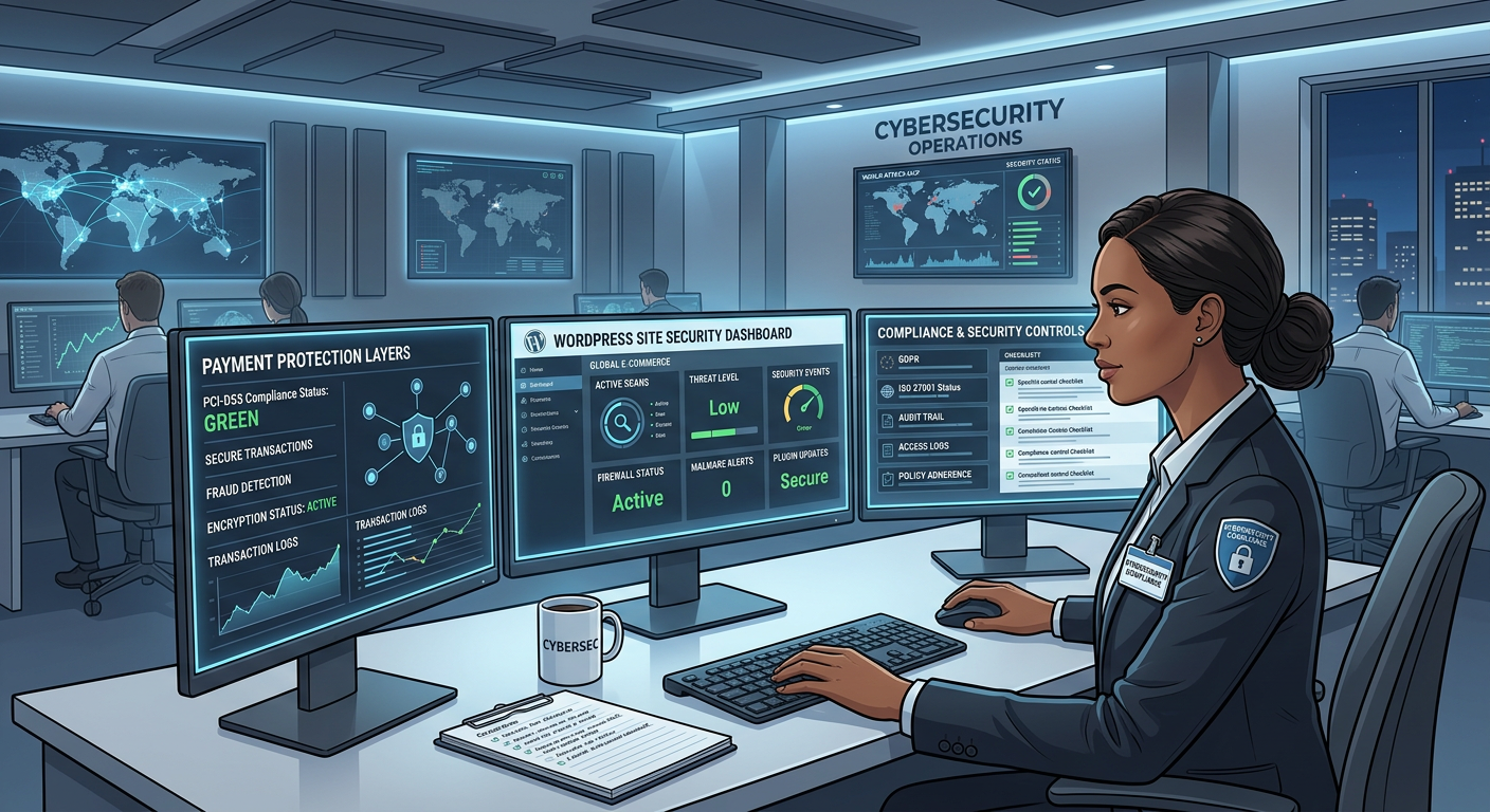 A modern cybersecurity operations scene showing a WordPress site dashboard, payment protection layers, and a compliance of...