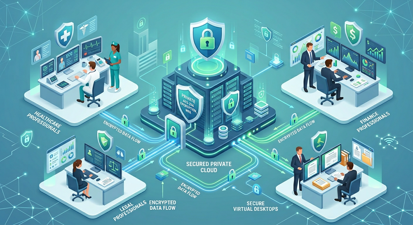 Isometric 3D illustration of secured virtual desktops connecting healthcare, finance, and legal professionals to a private...