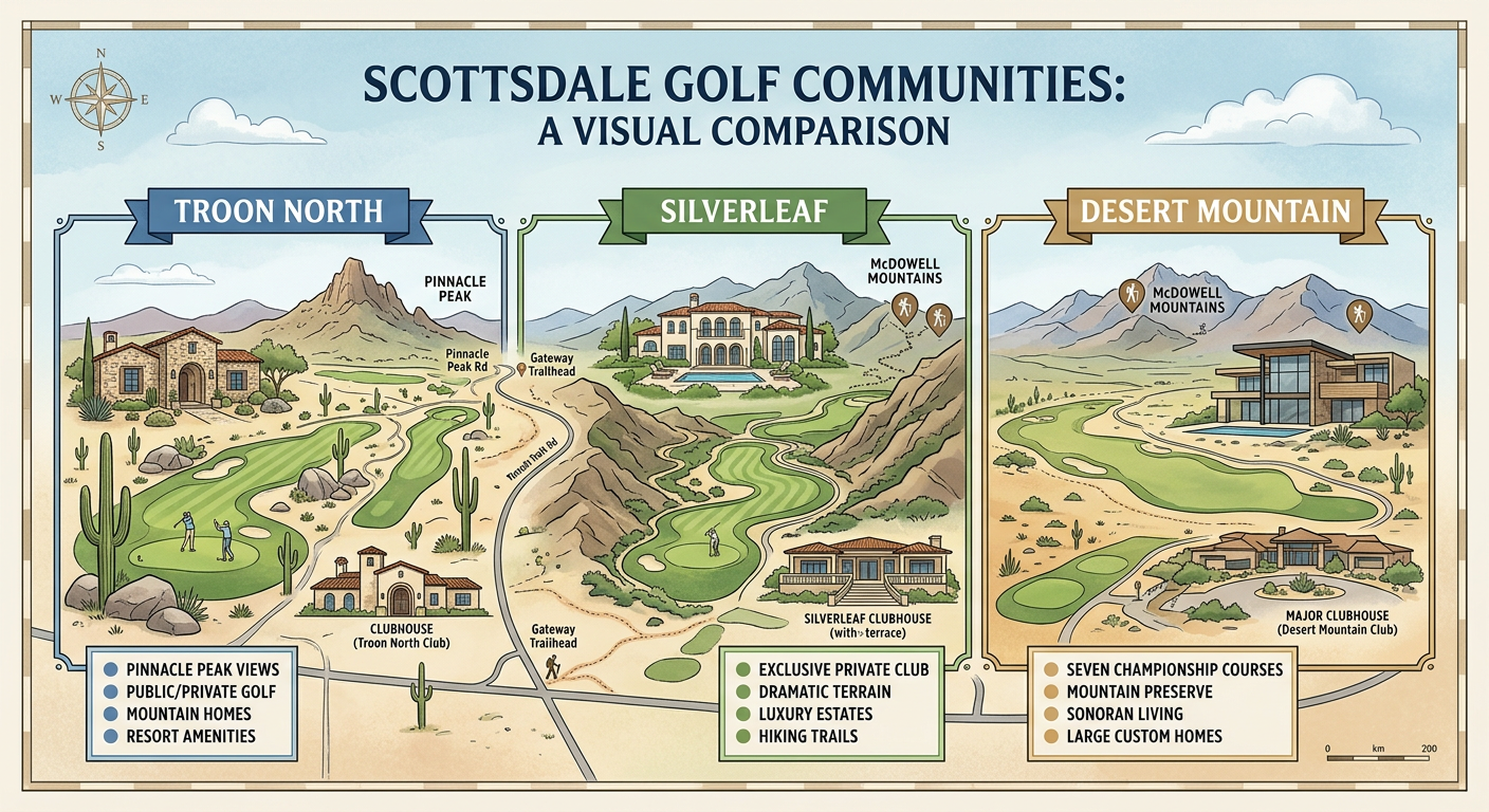 Modern map-style neighborhood comparison scene showing three different Scottsdale golf communities represented by luxury h...