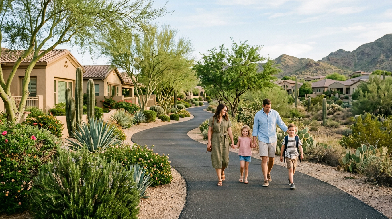 A family walking a quiet Scottsdale neighborhood trail near landscaped homes and desert greenery, candid lifestyle photogr...
