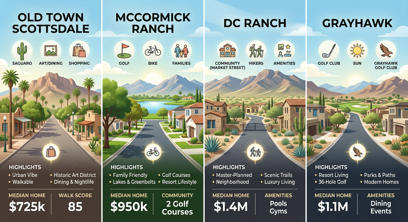 Modern infographic-style neighborhood comparison scene showing several Scottsdale communities represented by subtle icons,...