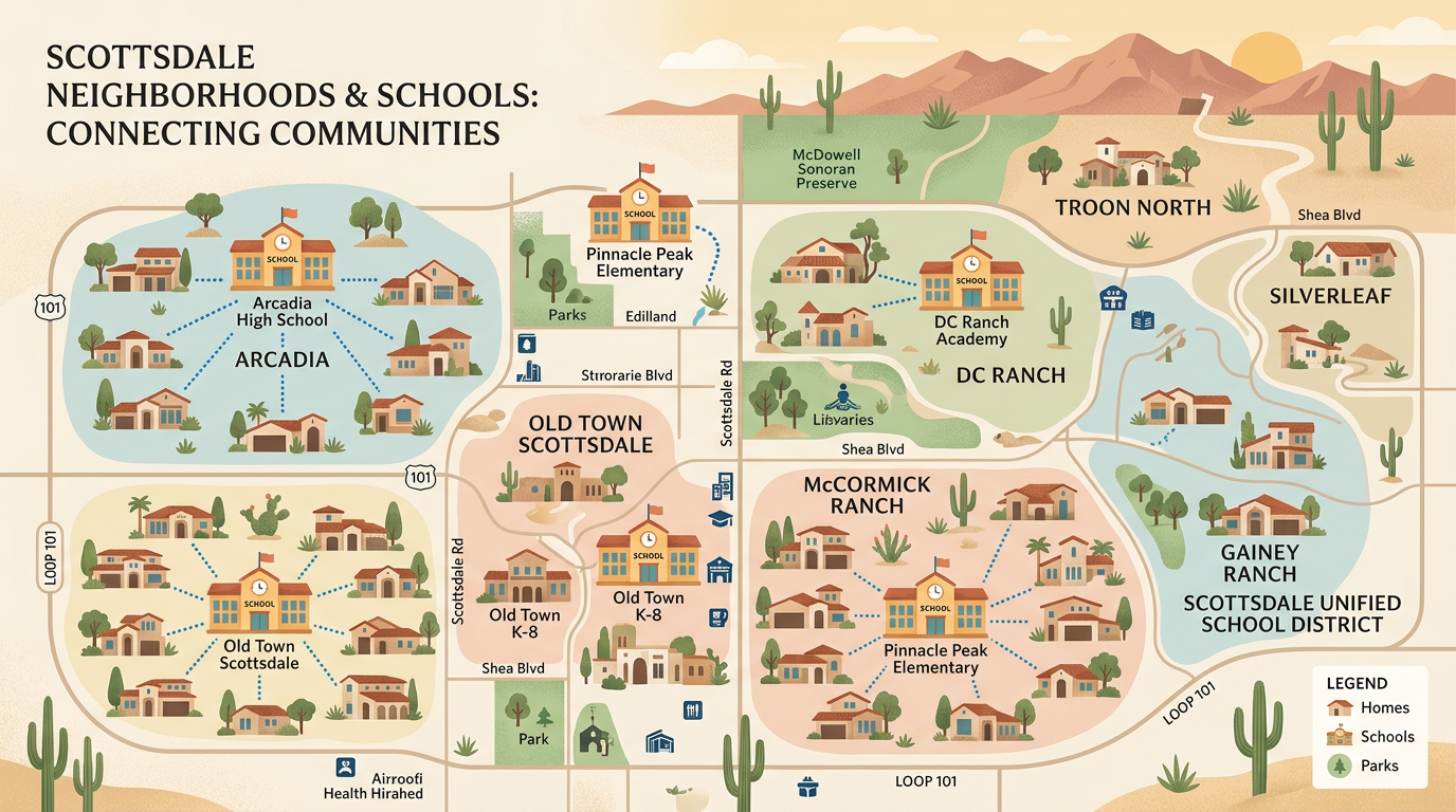 A clean, modern illustrative map-style scene showing Scottsdale neighborhoods connected to school icons and home silhouett...