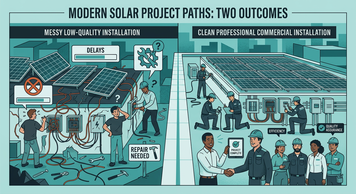 Modern illustration of a solar project split into two paths, one showing a messy low-quality install with delays and repai...