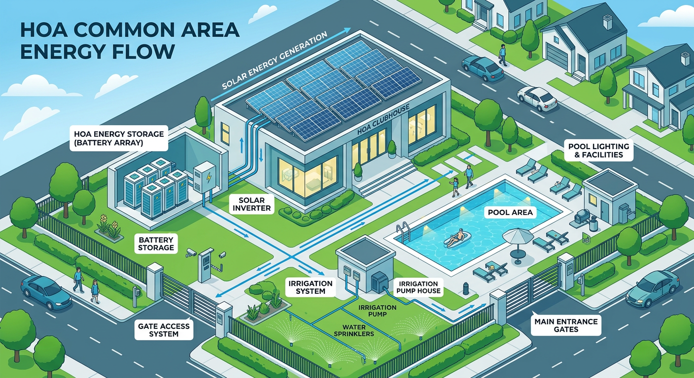 isometric-style illustration of HOA common area energy flow, showing clubhouse, pool lighting, gate access, and irrigation...