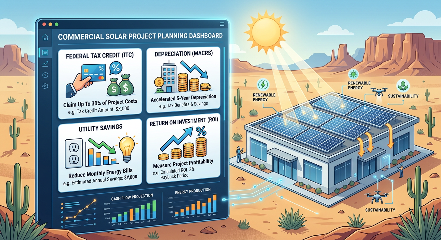 Modern infographic-style in-content image showing a commercial solar project planning dashboard beside a rooftop array, wi...