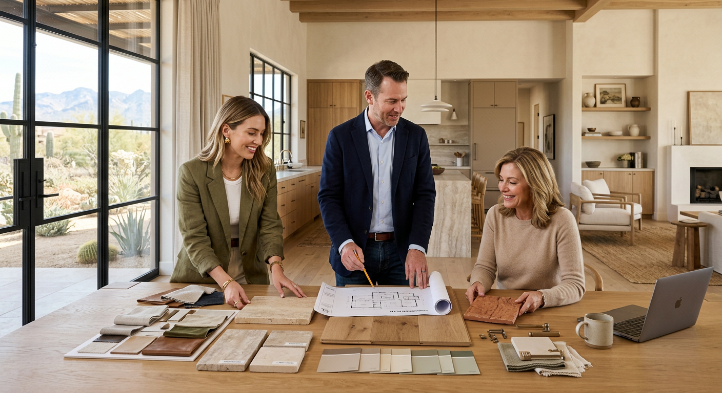 An elegant interior renovation scene with a designer, architect, and homeowner reviewing material samples in a light-fille...