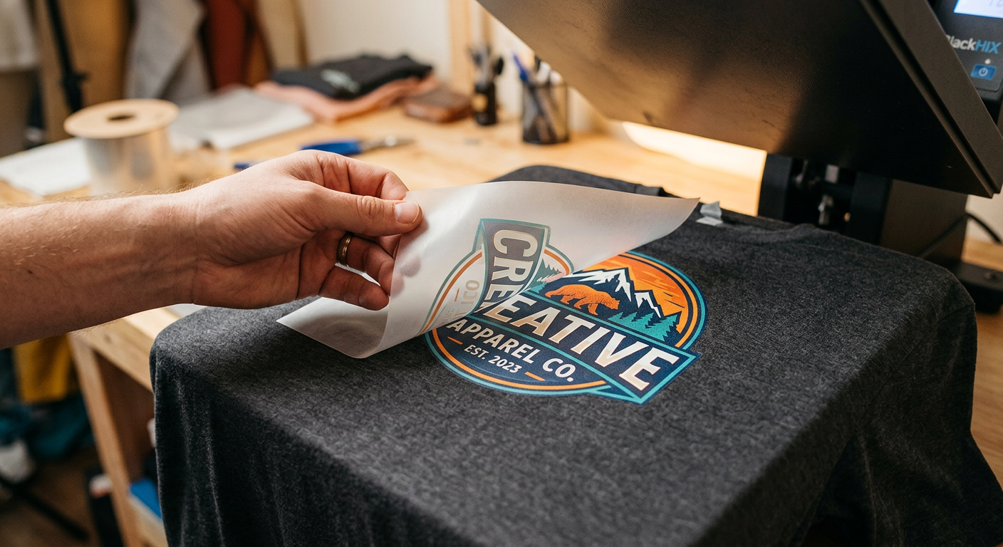 An in-content photorealistic close-up of a DTF transfer being peeled after pressing on a cotton shirt, showing crisp color...