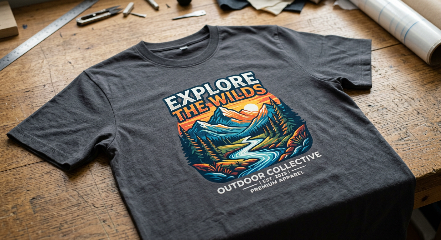 Close-up photorealistic studio shot of a finished t-shirt with a vibrant multicolor graphic transfer, soft fabric texture ...