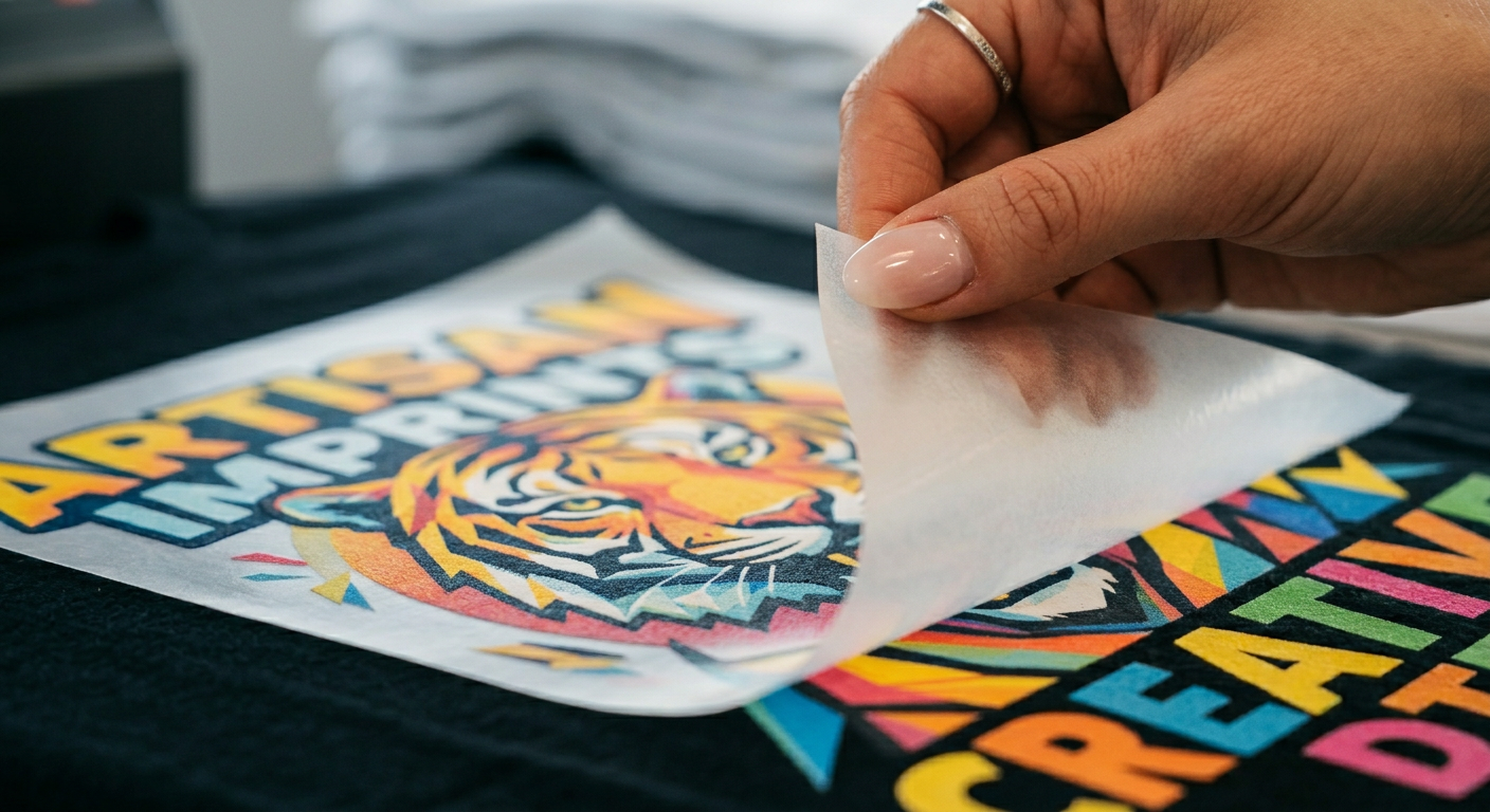 Close-up photorealistic scene of DTF transfer film being peeled and pressed onto a black cotton T-shirt, sharp colors, sof...