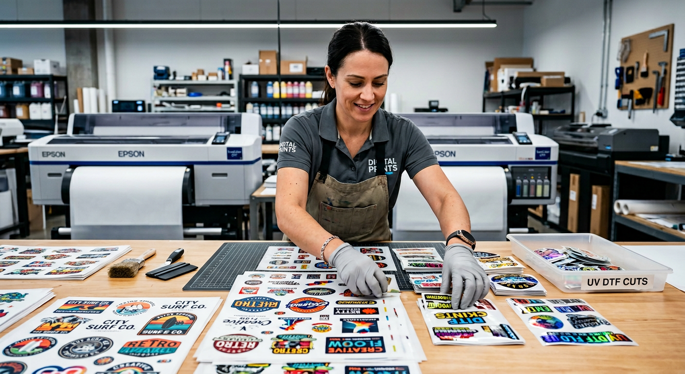 Close-up photorealistic view of a technician organizing vibrant DTF gang sheets and UV DTF stickers on a clean production ...