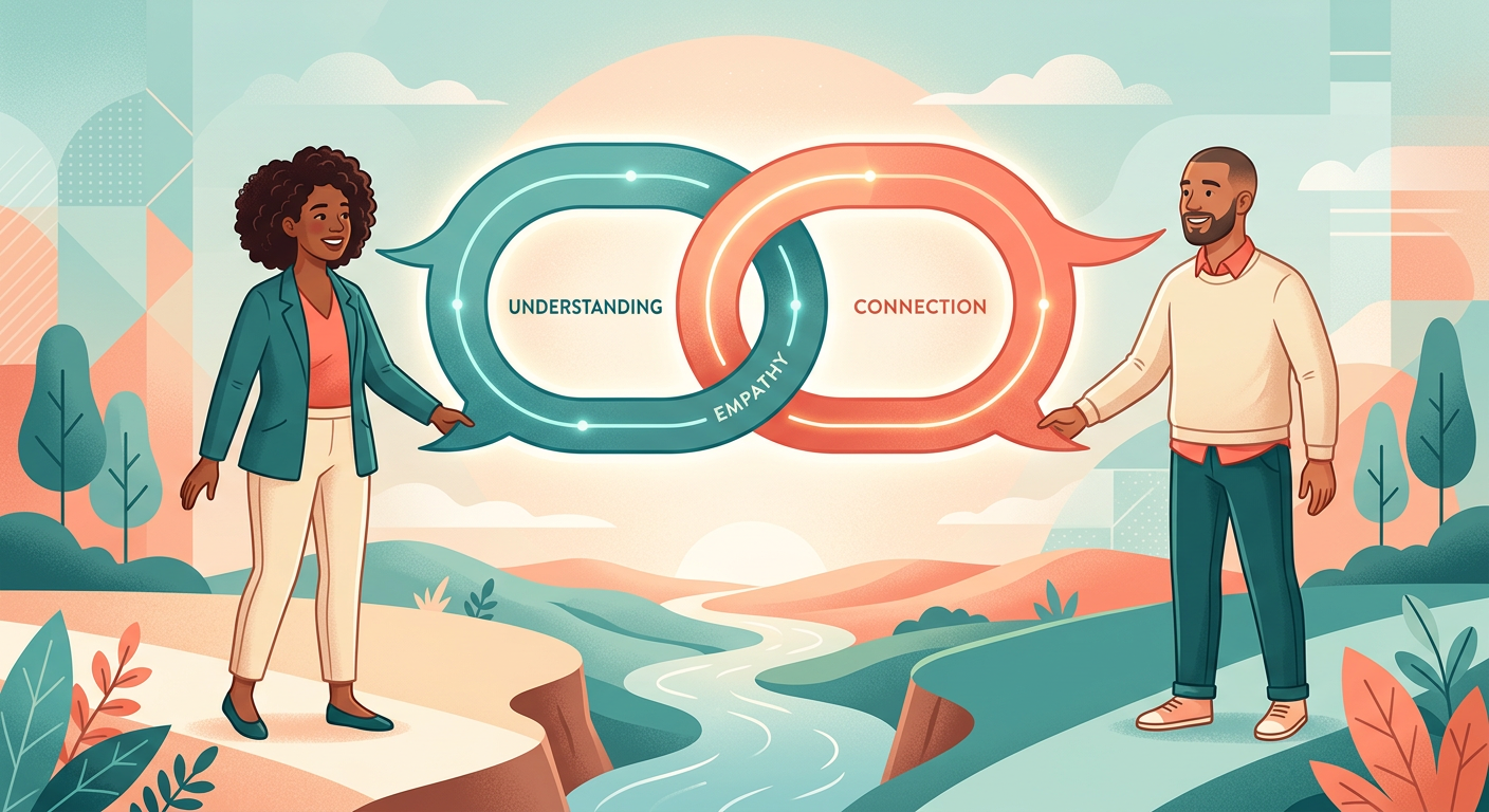 Modern illustration of two interlocking speech bubbles becoming a bridge between two people, warm and affirming style, cle...