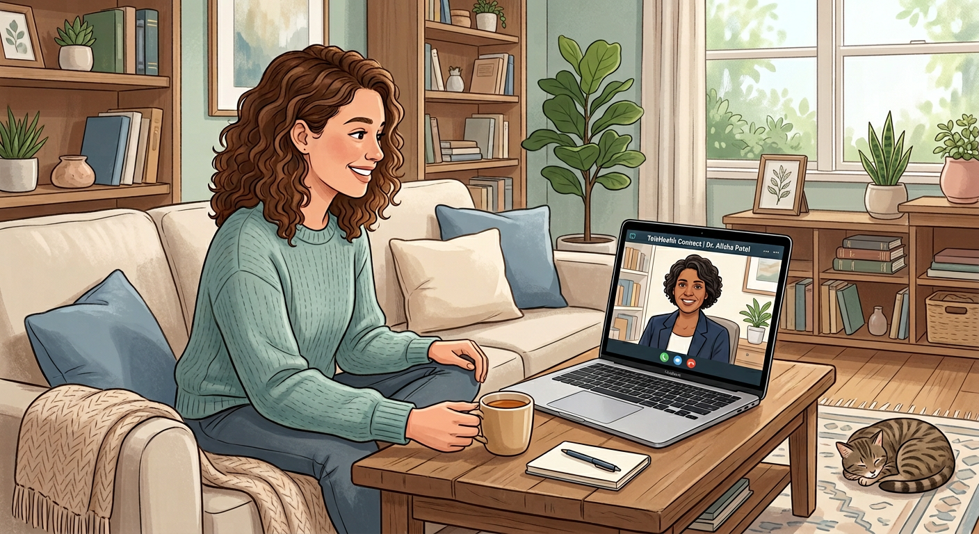 Modern, emotionally warm illustration of a telehealth session showing a client in a cozy living room and a therapist on a ...