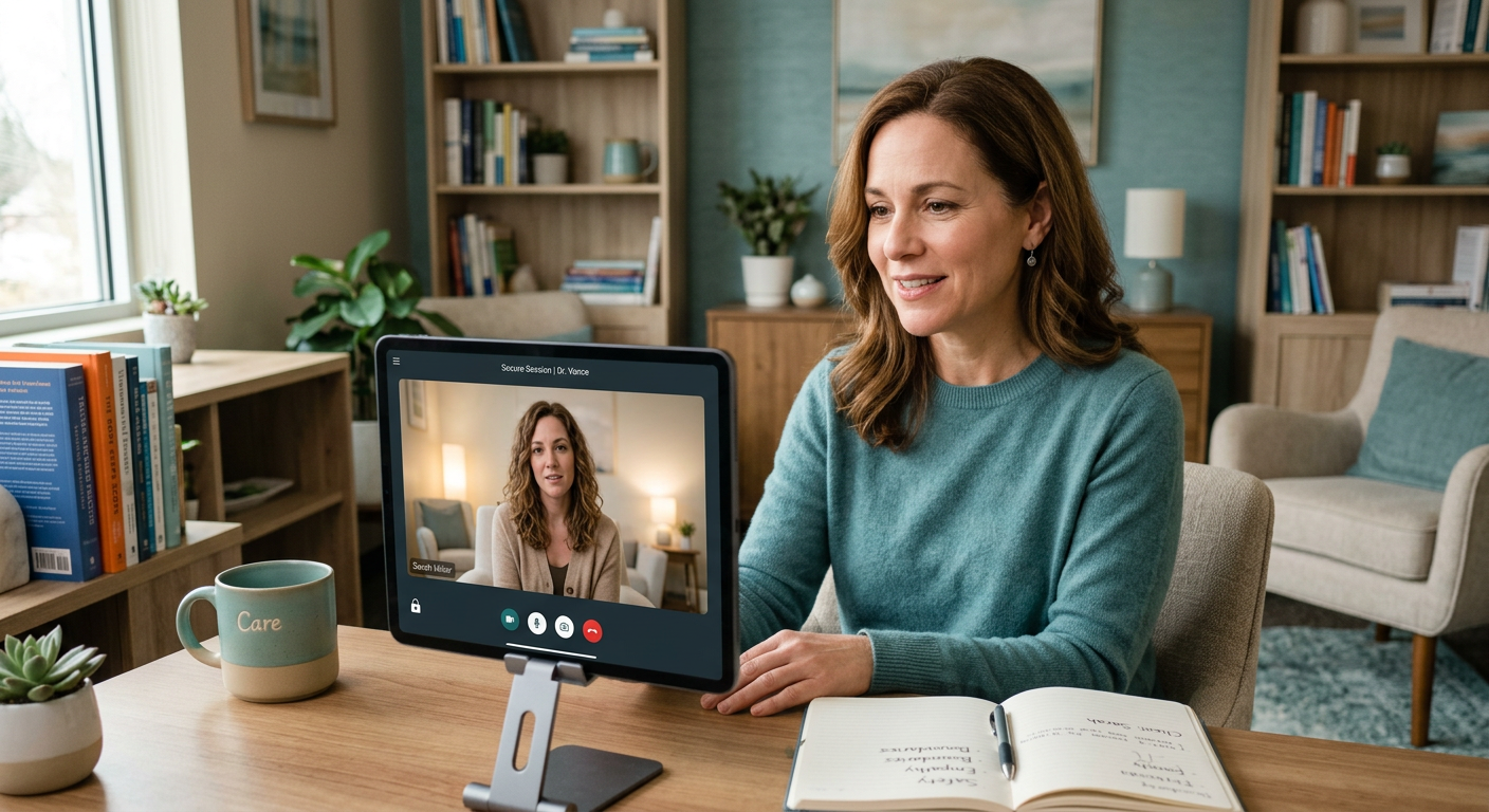 A photorealistic illustration of a compassionate psychologist speaking with an adult client through a secure video call on...