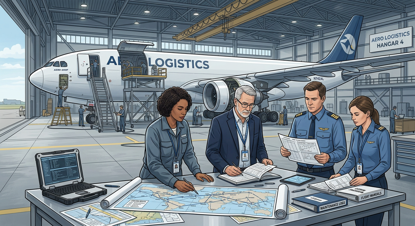Modern illustrative scene showing a large transport aircraft in a hangar with a maintenance planner, DAR-style inspector, ...