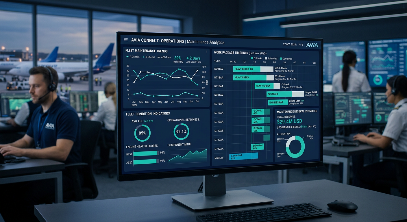 Modern analytical dashboard showing aircraft maintenance trend lines, work package timelines, reserve estimates, and fleet...