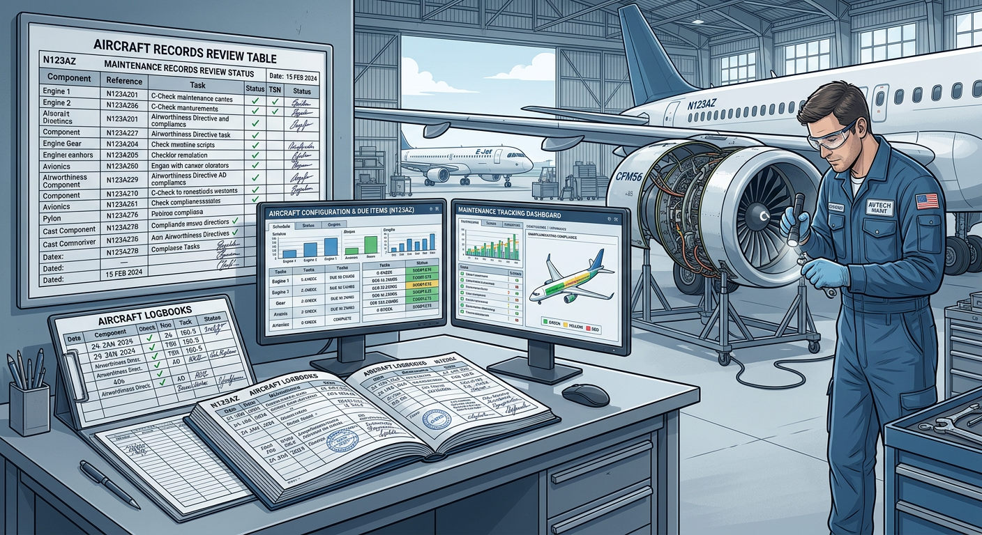 Detailed in-content illustration of an aircraft records review table beside open logbooks, digital maintenance tracking sc...