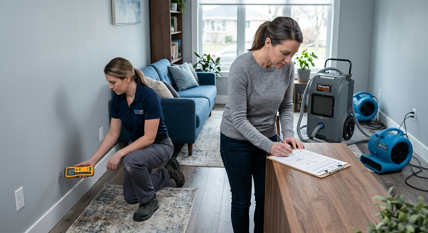 Modern interior scene showing a restoration technician with a moisture meter, a homeowner reviewing paperwork, and drying ...