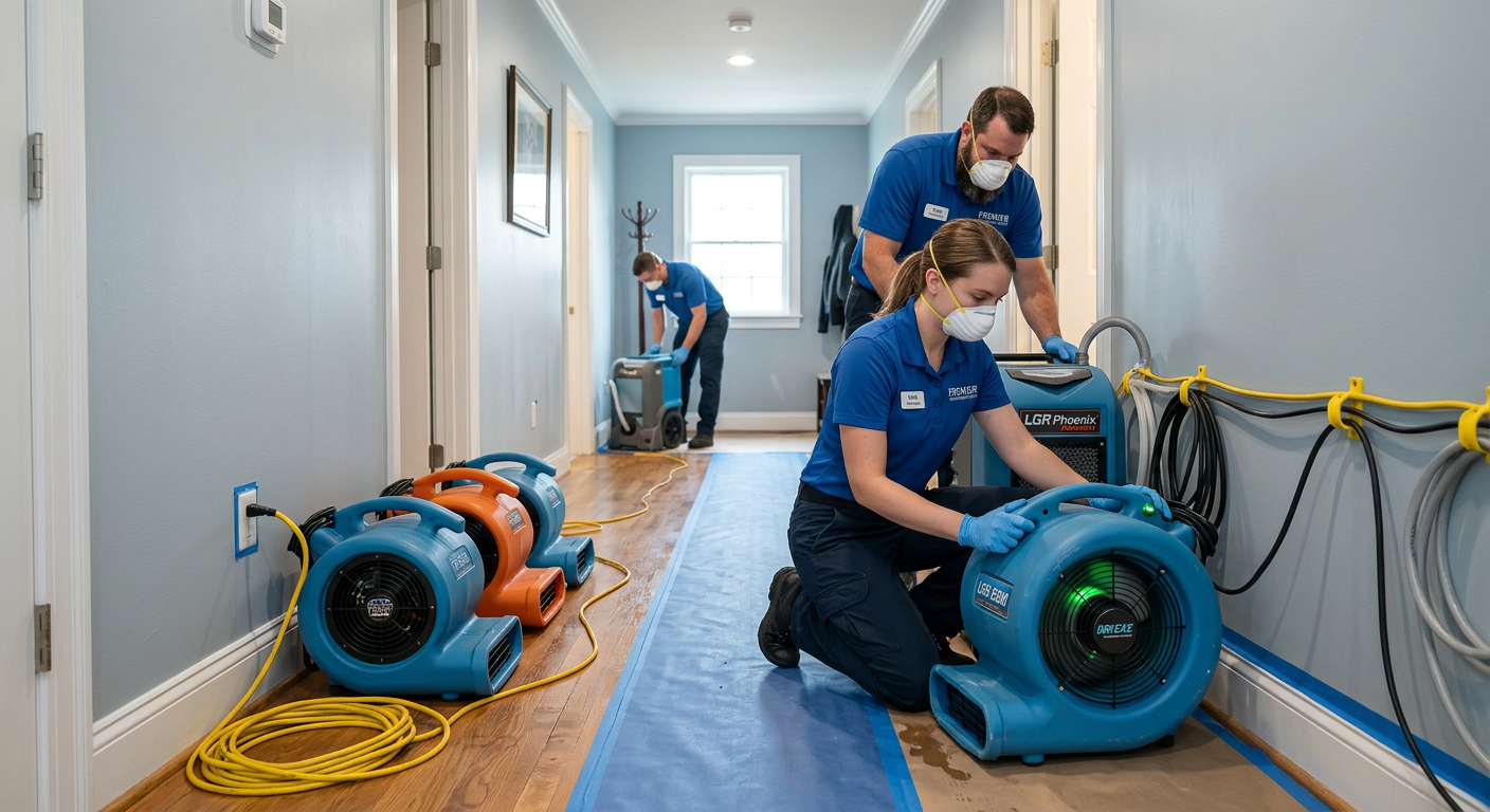 Modern photorealistic scene of a restoration team setting up drying equipment and air movers in a residential hallway afte...