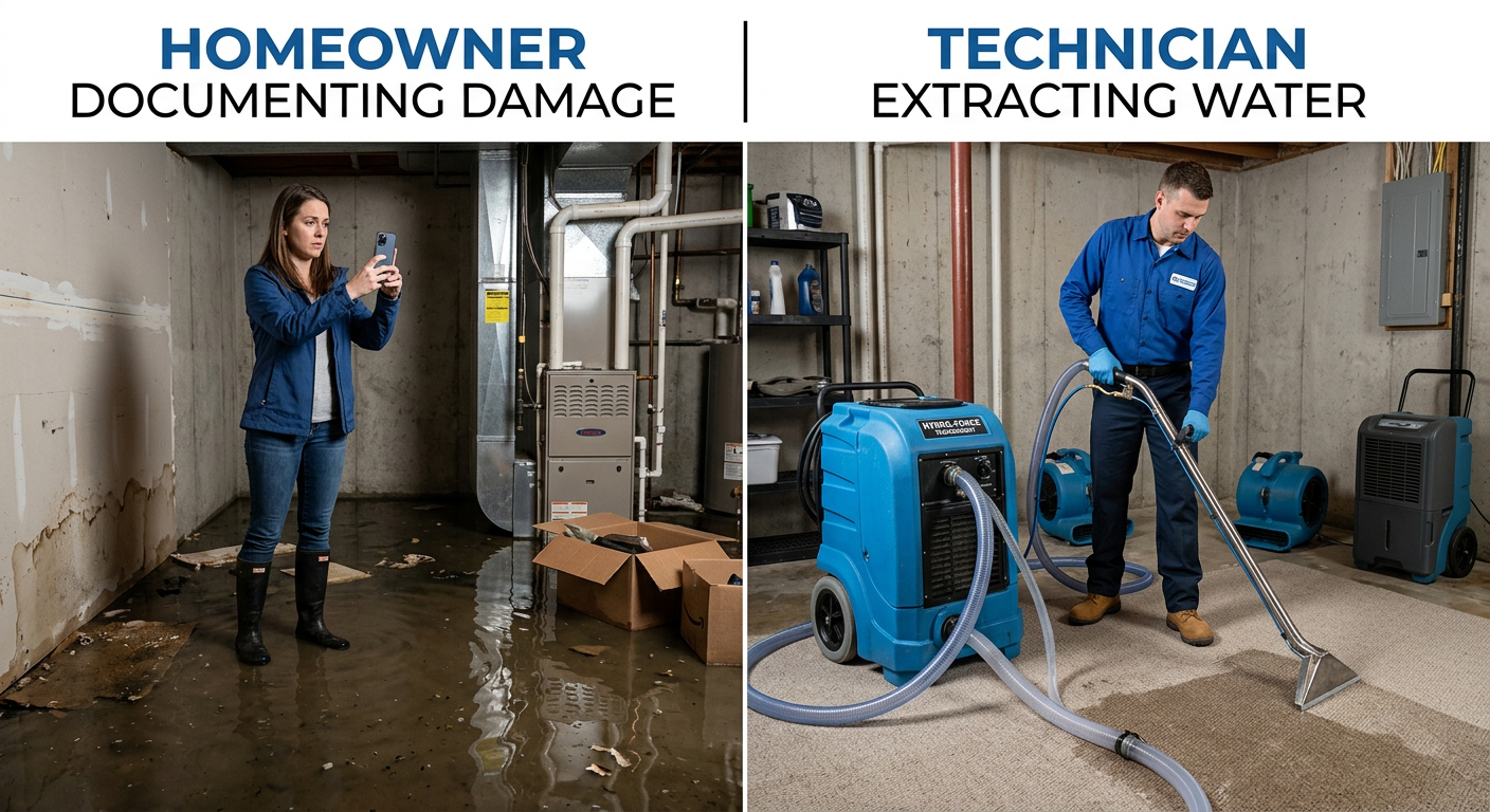 Split-scene photorealistic restoration visual showing a homeowner taking photos of a flooded basement on one side and a te...