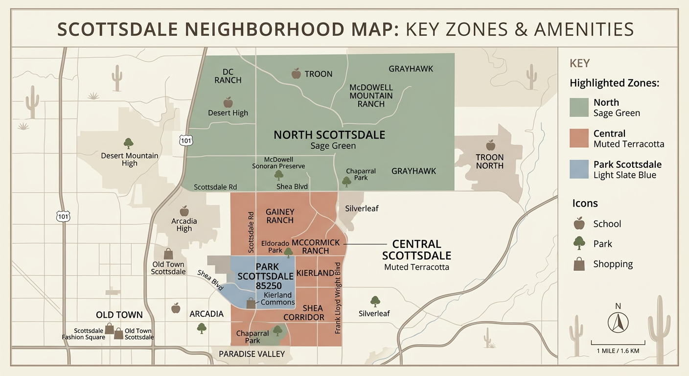 High-quality infographic-style map of Scottsdale neighborhoods with highlighted zones for central Scottsdale, Park Scottsd...