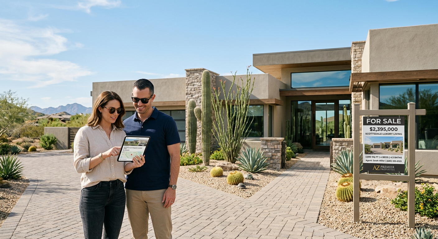 Modern real estate scene showing a Scottsdale home exterior with desert landscaping, a for-sale sign, and a couple reviewi...