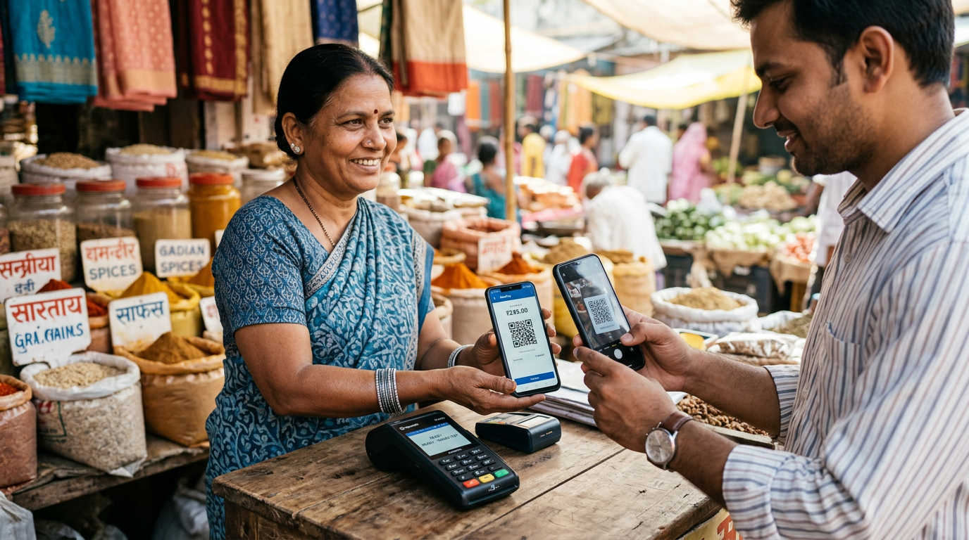 A close-up photorealistic scene of a small merchant in an open-air market accepting payment on a smartphone, with a custom...