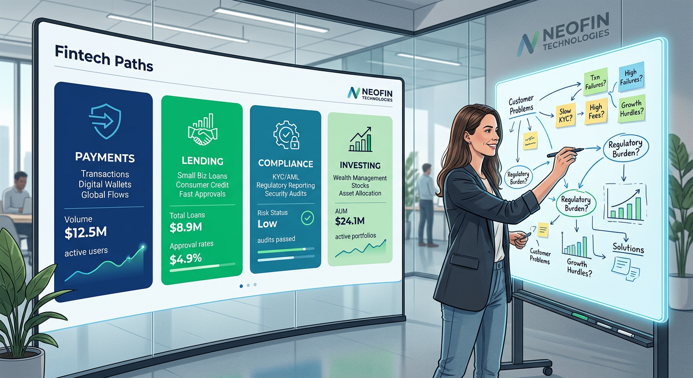 A modern illustrative dashboard-style scene showing four fintech product paths, payments, lending, compliance, and investi...